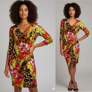 NEW! ECI Colorful Floral and Animal Print Faux Wrap Midi Dress NWT - Size L
